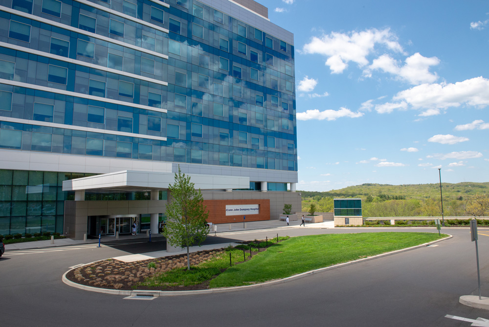 The entrance to UConn John Dempsey Hospital