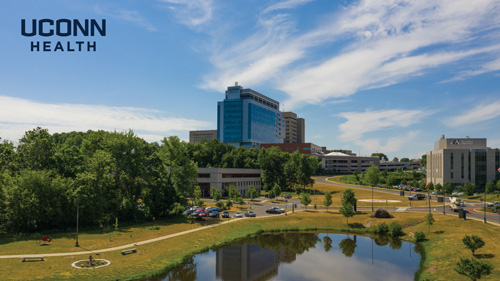 Uconn Health video background image of outside of hospital