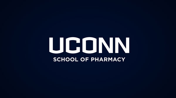 UConn white School of Pharmacy wordmark on dark blue background