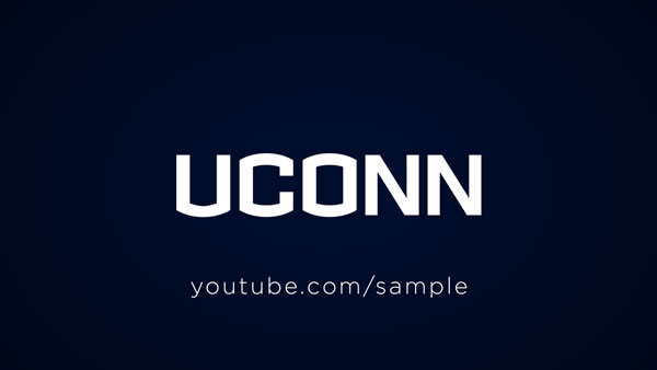 UConn white wordmark on dark blue background with a sample url