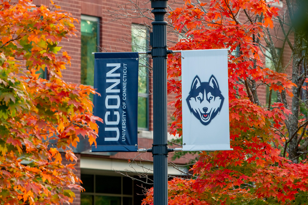 UConn wordmark blue banner and UConn Husky white banner on a light pole with fall foliage.