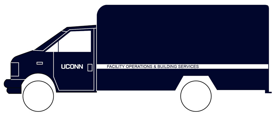 example of a dark blue box truck with UConn wordmark on door and Facilities Operation and Building Services on a white band
