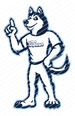 Jonathan the Husky mascot with one finger up in number 1