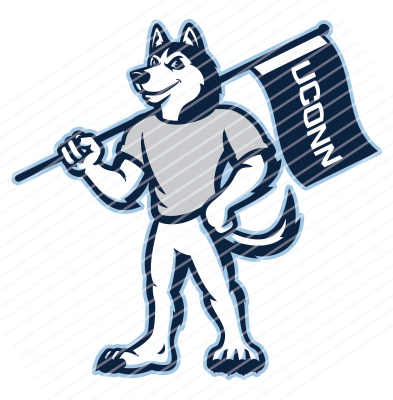 Jonathan the Husky mascot holding a UConn flag