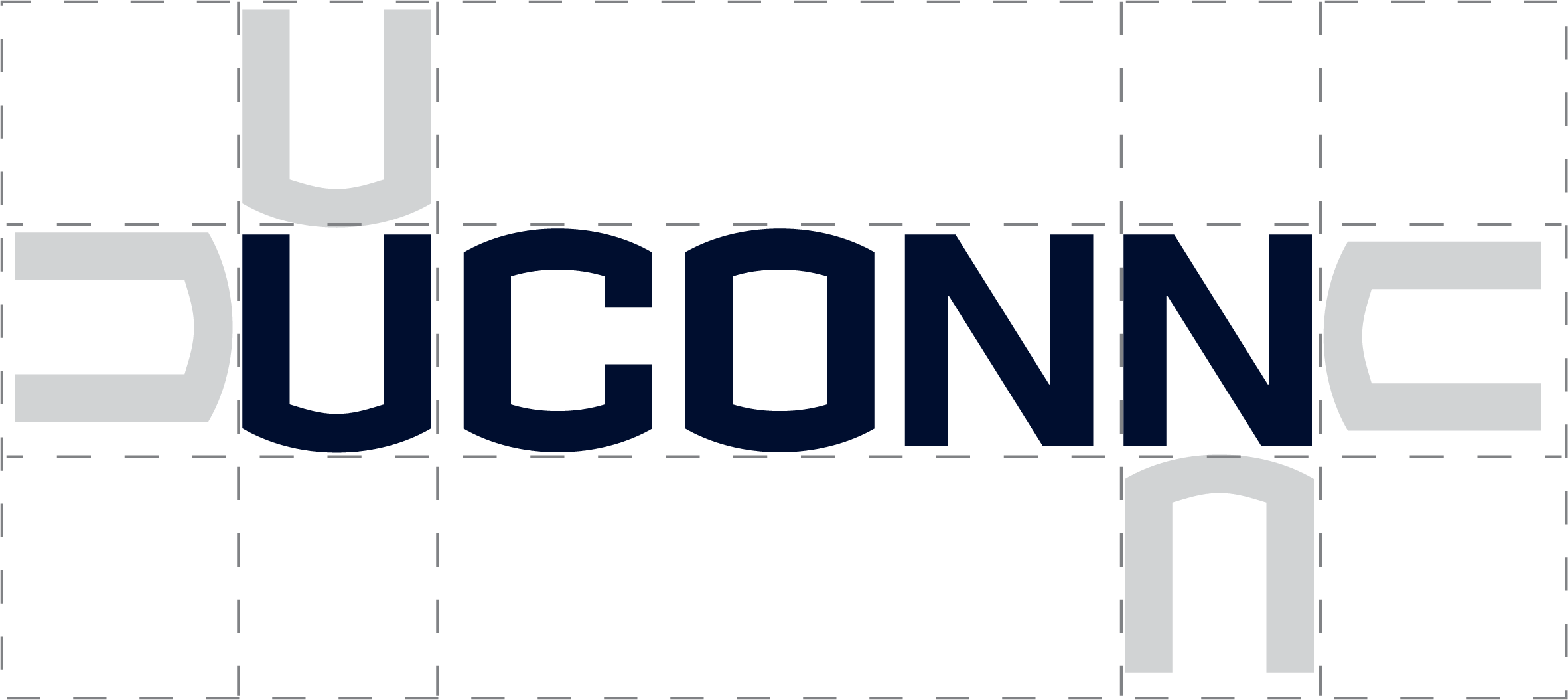 Visual example of safe space around the UConn wordmark, which is the height of the "U" on all four sides.