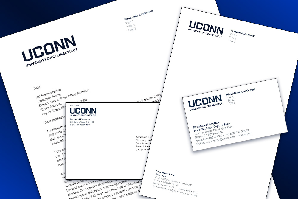 Designed layout with examples of UConn stationery.