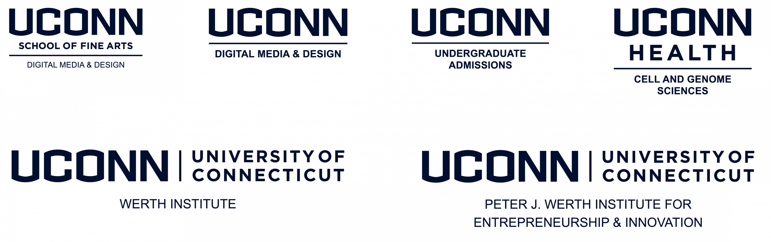 Examples of level three UConn wordmarks showing UConn digital media and design, undergraduate admissions, Werth Institute and UConn Health cell and genome sciences