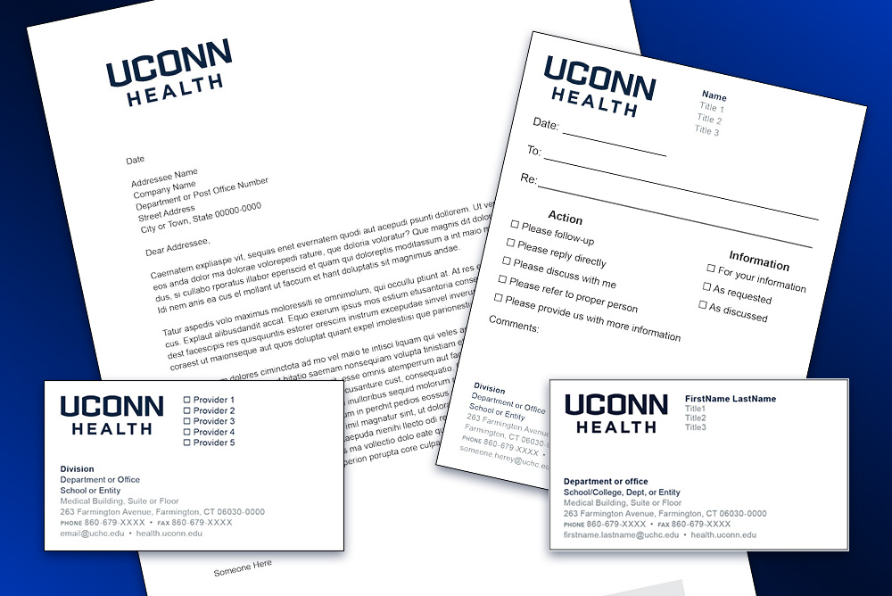Designed layout with examples of UConn Health stationery.