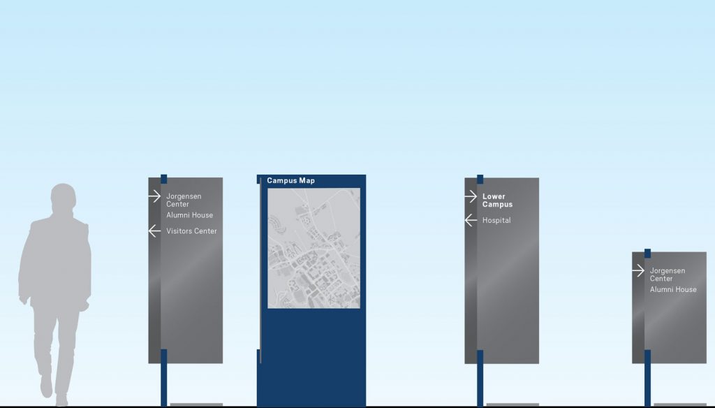 UConn pedestrian directional sign type examples of varying sizes.