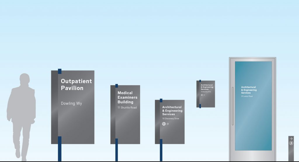 UConn building identification sign types of varying sizes.