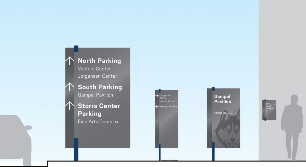 UConn honorific and destination messaging sign examples of varying sizes and sign types.