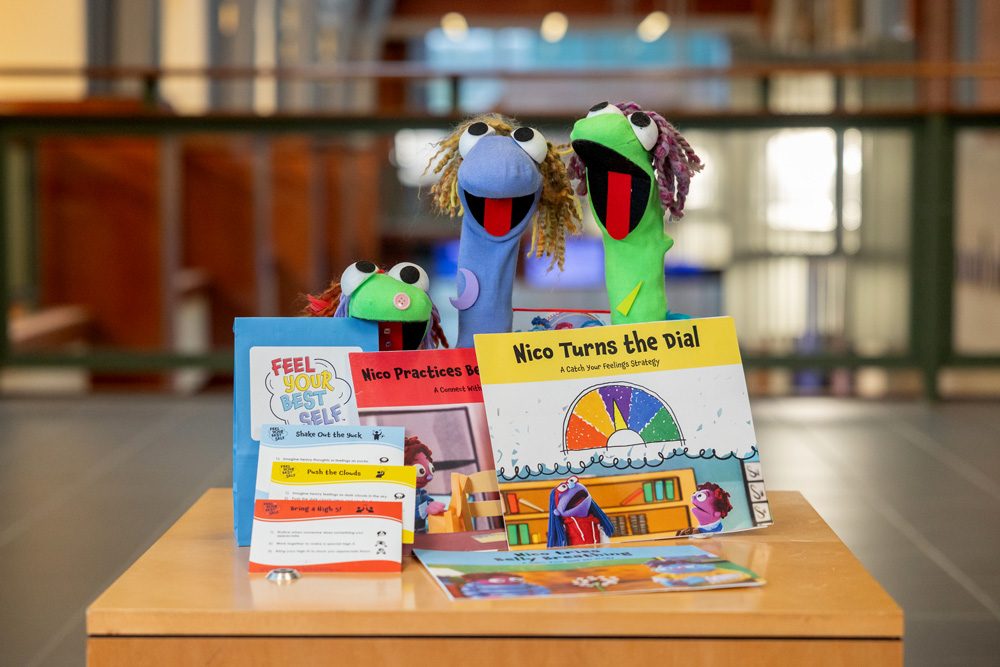 Children’s books and colorful sock puppets displayed on a wooden table indoors.