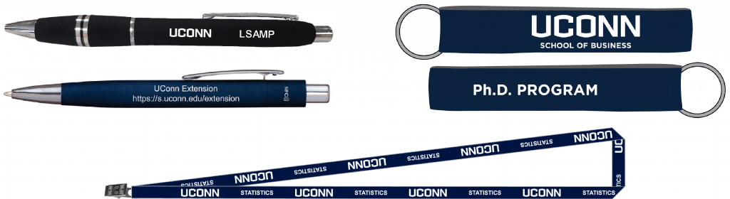 Examples of pens, key chains, and laynards with the UConn logos imprinted