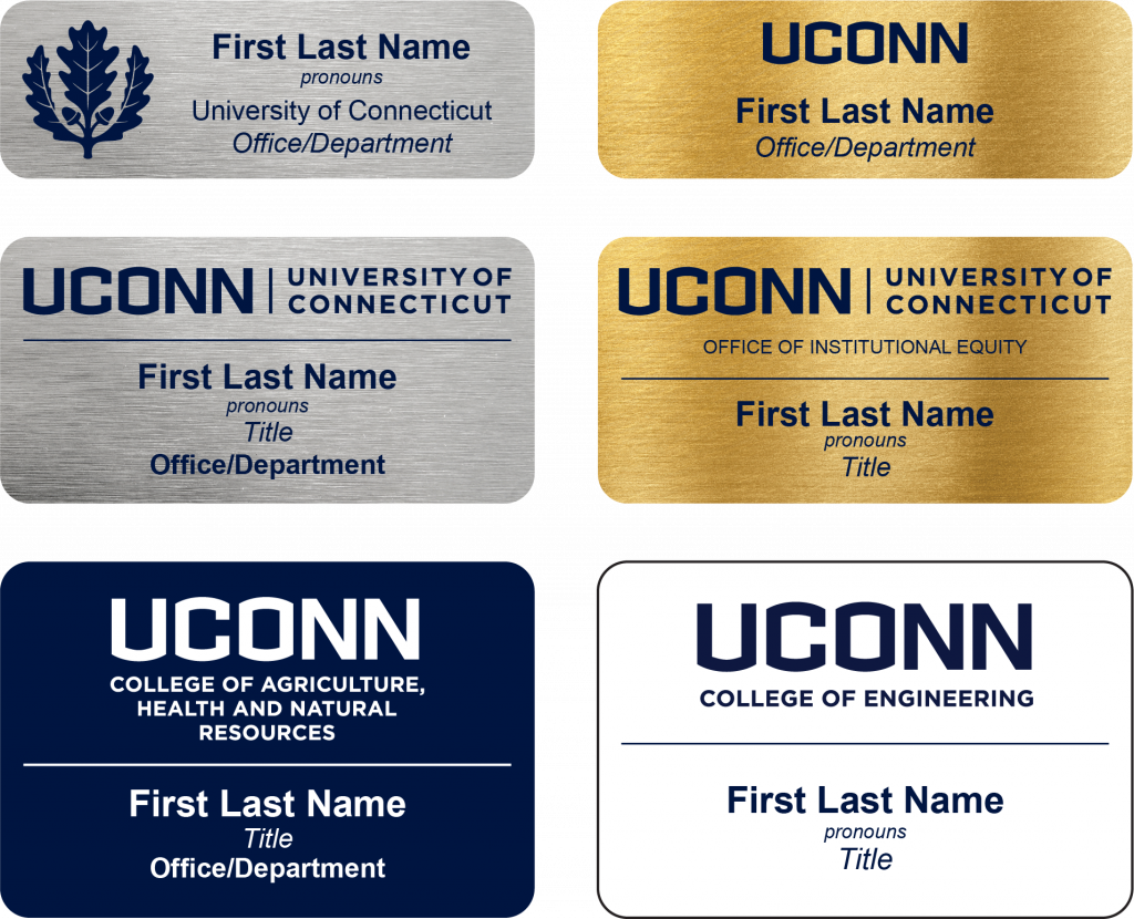 Six UConn name badge designs with varying layouts, colors, and department labels. Each includes placeholders for name, pronouns, title, and office.