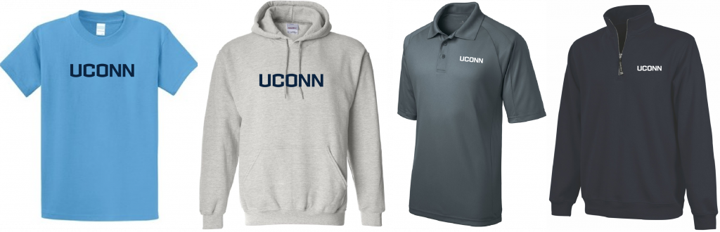 Examples of a tshirt, hooded sweatshirt, polo shirt, and 3/4 zip up sweater with UConn logos.