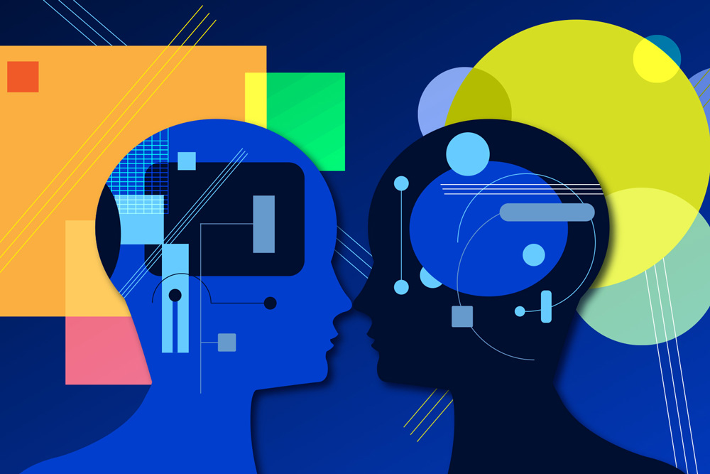 Abstract illustration of two human profiles with geometric and organic designs, set against a colorful background.