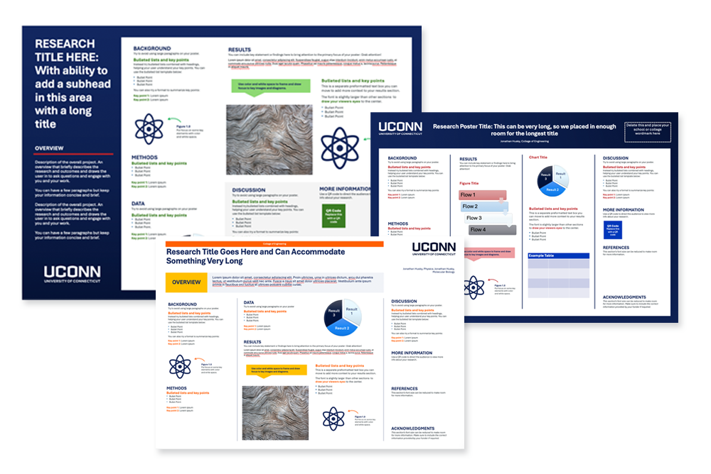 Three UConn research poster templates with placeholder text, charts, and sections for title, overview, methods, and results.