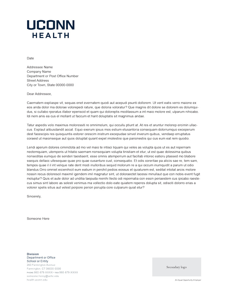 UConn Health letterhead with secondary logo area example
