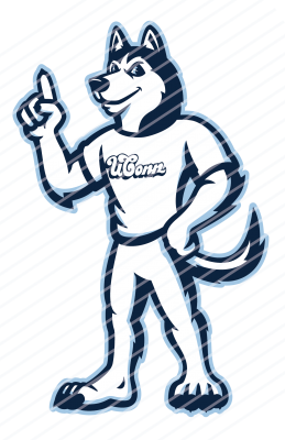 Jonathan the Husky mascot with one finger up