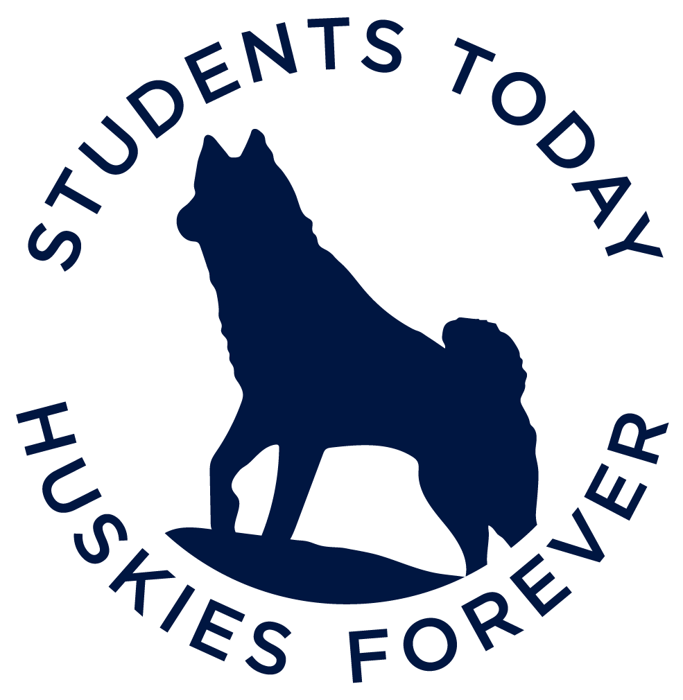 Students Today. Huskies Forever. with Jonathan statue badge