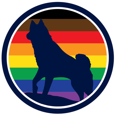 UConn Inclusive logo with blue dog statue