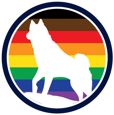 UConn Inclusive logo with white dog statue