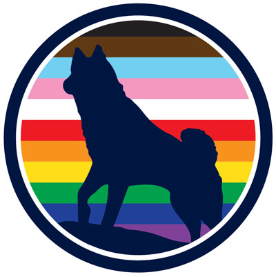UConn Inclusive logo with blue dog statue